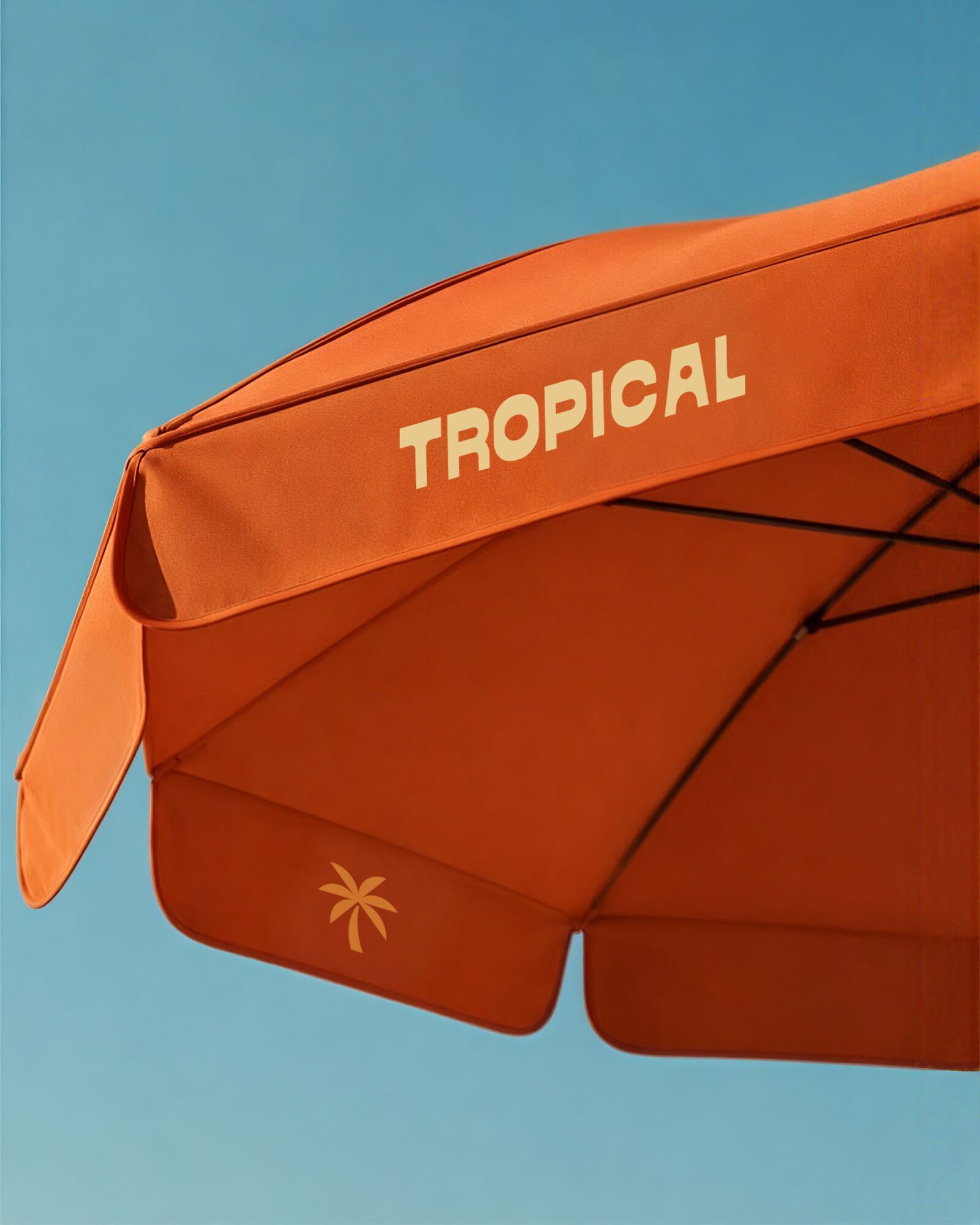 The coral Tropical umbrella against a blue sky